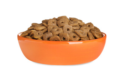 Dry food in orange pet bowl isolated on white