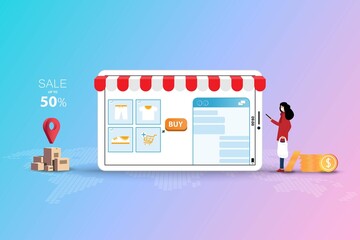 Concept of online shopping, young woman wear a face mask and hold a smartphone to chat with customer service to order the goods in pastel color background.