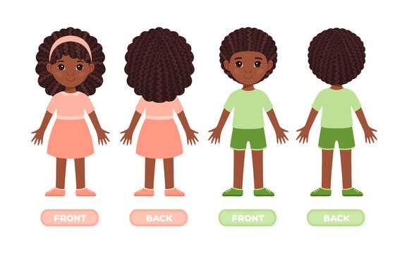 Beautiful Little Black Girl and Cute Boy with Afro Curly Hairstyle. Front Back view. Children from Kindergarten, in Clothes, Shoes. Flat Cartoon style. White background. Vector stock illustration.