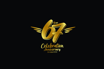 67 year anniversary gold colors on black background  with triple small stripes on left and right- vector 