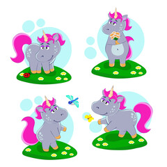 Set of cartoon unicorns