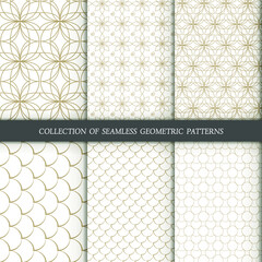 Set of 12 vector seamless patterns. Geometrical gold patterns on a white background. Modern illustrations for wallpapers, flyers, covers, banners, minimalistic ornaments, backgrounds.
