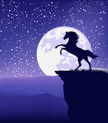 wild mustang horse rearing up at mountain cliff against full moon - fairy tale stallion silhouette and starry night landscape vector design
