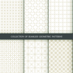 Set of 6 vector seamless patterns. Geometrical patterns on a white background. Modern illustrations for wallpapers, flyers, covers, banners, minimalistic ornaments, backgrounds.

