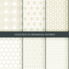 Set of 6 vector seamless patterns. Ornamental gold patterns on a white background. Modern illustrations for wallpapers, flyers, covers, banners, minimalistic ornaments, backgrounds.
