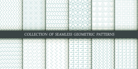 Set of 12 vector seamless patterns. Geometrical gold patterns on a white background. Modern illustrations for wallpapers, flyers, covers, banners, minimalistic ornaments, backgrounds.
