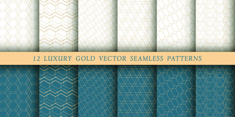 Set of 12 luxurious vector seamless ornamental  patterns. Gold floral patterns on a white and emerald background. Modern illustrations for wallpapers, flyers, covers, banners, minimalistic ornaments