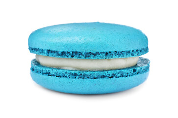 Light blue macaron isolated on white. Delicious dessert