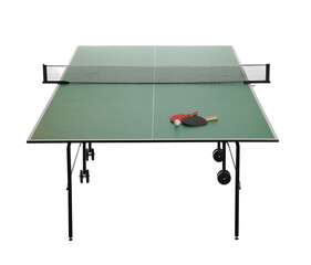 Green ping pong table with rackets and ball isolated on white