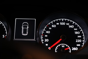 Naklejka premium Closeup view of dashboard with speedometer in modern car