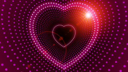 Red Sweet Festive Glowing Dotted Lines Neon Led Heart Shape Tunnel With Light Beam Lens Flare On The Side Background