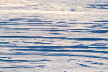 Snowy background, snow-covered surface of the earth after a blizzard in the morning in the sunlight with distinct layers of snow