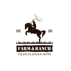 emblem of cowboy silhouette with lasso on horse isolated on white background