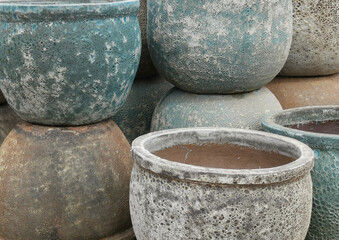 Full frame image of stack of empty garden pots or urns