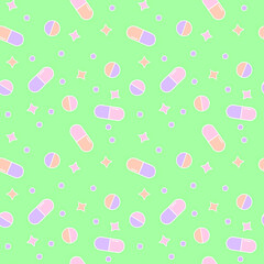 Medical seamless pattern with pills. Pastel endless texture for decoration, backgrounds, pharmaceutical print design. Cute kid-friendly white line style. Vector illustration.