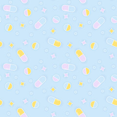 Medical seamless pattern with pills. Pastel pop art endless texture for decoration, backgrounds, pharmaceutical print design. Cute kid-friendly white line style. Vector illustration.