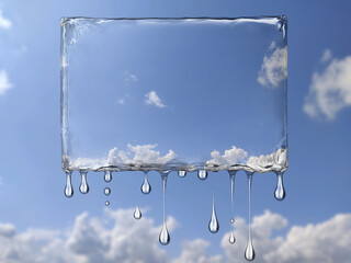A piece of melting ice, with drops of falling water, against a blue sky, with cumulus clouds.


