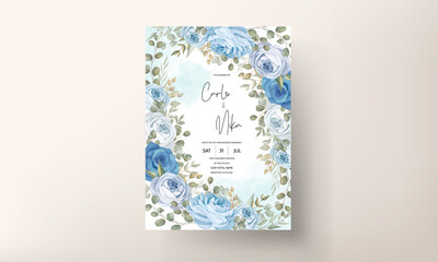 Beautiful wedding invitation card with hand drawn blue peonies decorations