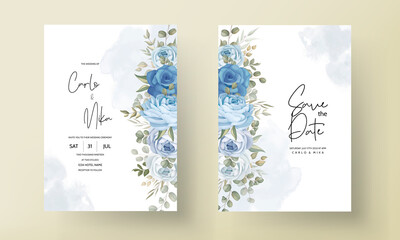 Naklejka na ściany i meble Beautiful wedding invitation card with hand drawn blue peonies decorations