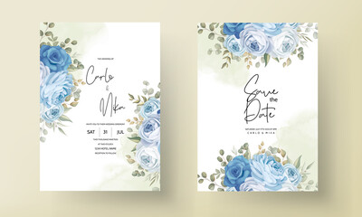 Fototapeta na wymiar Beautiful wedding invitation card with hand drawn blue peonies decorations