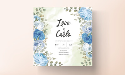 Beautiful wedding invitation card with hand drawn blue peonies decorations