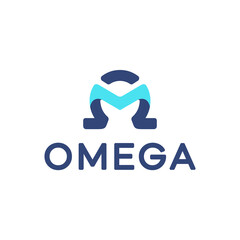 omega design with a combination of the letter m in the middle, dark blue and aquas