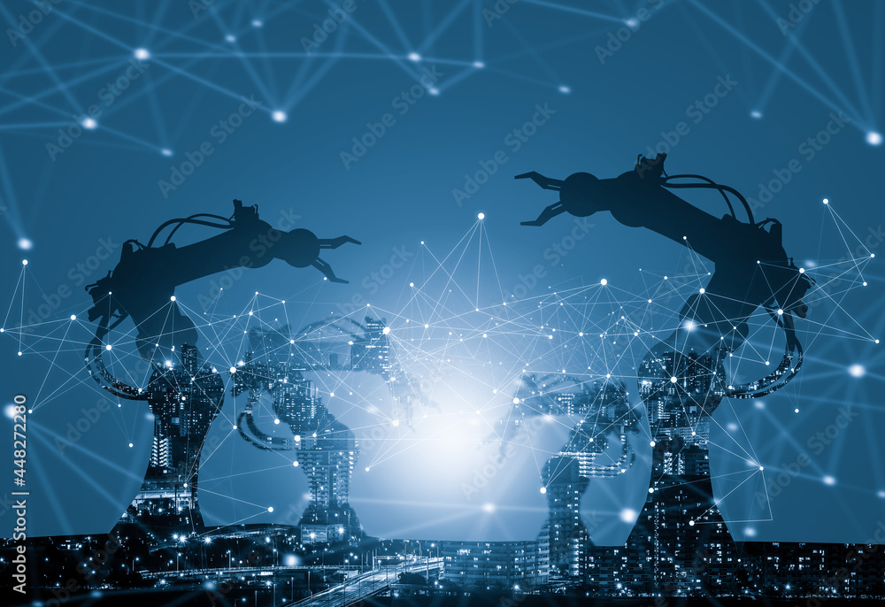 Poster mechanized industry of future factory double exposure image . concept of robotics technology for ind