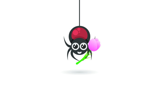 Spider With Pink Flower On White Background. Halloween Background Design Element. Spooky, Scary Horror Decoration Vector
