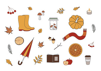Autumn icon and flat objects set. Vector illustration