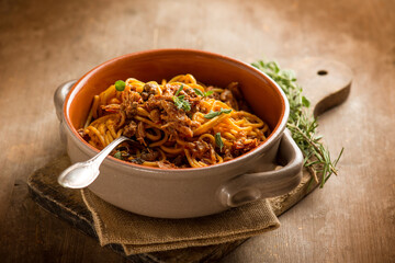 spaghetti with hare ragout traditional italian recipe - obrazy, fototapety, plakaty