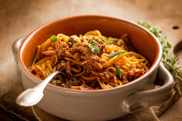 spaghetti with hare ragout traditional italian recipe