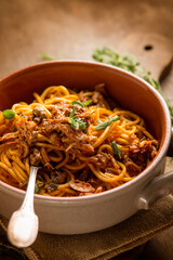 spaghetti with hare ragout traditional italian recipe © Marco Mayer