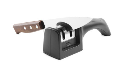Modern handheld sharpener and knife on white background