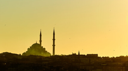 Silhouette of a Mosque Fatih in a fog and sunlight reflections. Vintage style.