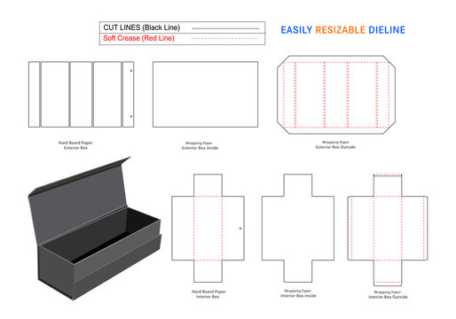 Collapsible wine rigid box, foldable rigid box dieline template with 3d vector file