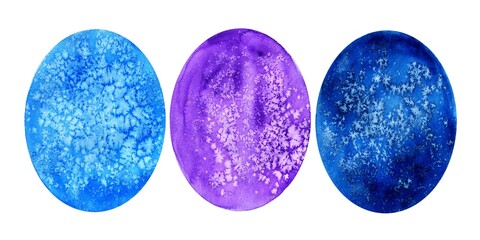 A set of oval abstract paint spots with texture, blue and purple color. Watercolor illustration