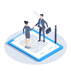 isometric vector illustration isolated on white background, man and woman in business suits shake hands while standing on a tablet with a document, agreement in business and conclusion of a contract