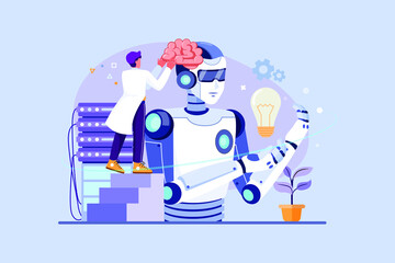 AI Technology Development. People carrying giant brain to put it inside robot's head