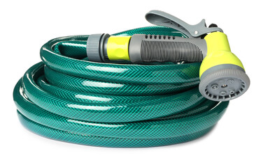 Green rubber watering hose with nozzle isolated on white