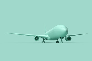 Minimalistic illustration of passenger airplane on teal background. 3D illustration