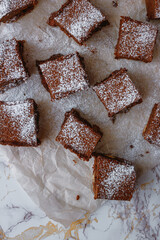 Brownie squares dusted with powdered sugar on a piece of baking parchment.  Flatlay. Light background.