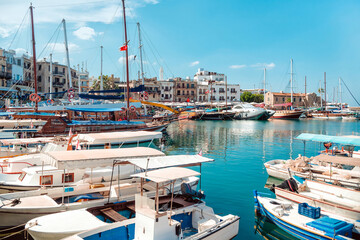 Obraz premium Wide-angled view of Kyrenia harbour, Cyprus.