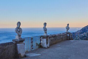 Scenic picture-postcard view of famous Amalfi Coast with Gulf of Salerno from Villa Cimbrone...