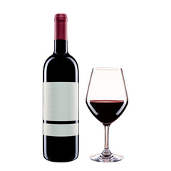 Bottle and goblet of red wine on a white background