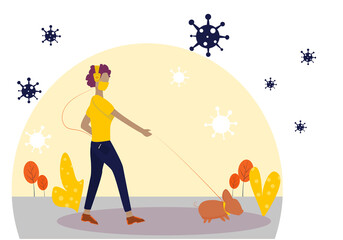 Concept relax, covid. woman wearing mask  Walk the puppy and play along the street.  Daily life during the epidemic situation Covid-19. Vector flat style. Illustration for masked, holiday, epidemic 