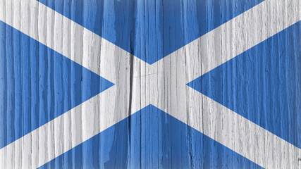 Flag of Scotland on a dry wooden surface. Patriotic vintage backdrop. Rough board with cracks. The...