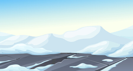 Ice Age. Cartoon game landscape with mountains of snow. Frozen park, destroyed road after storm. Aftermath of a natural disaster. Vector illustration.