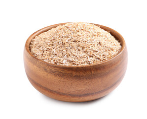 Wheat bran in wooden bowl on white background