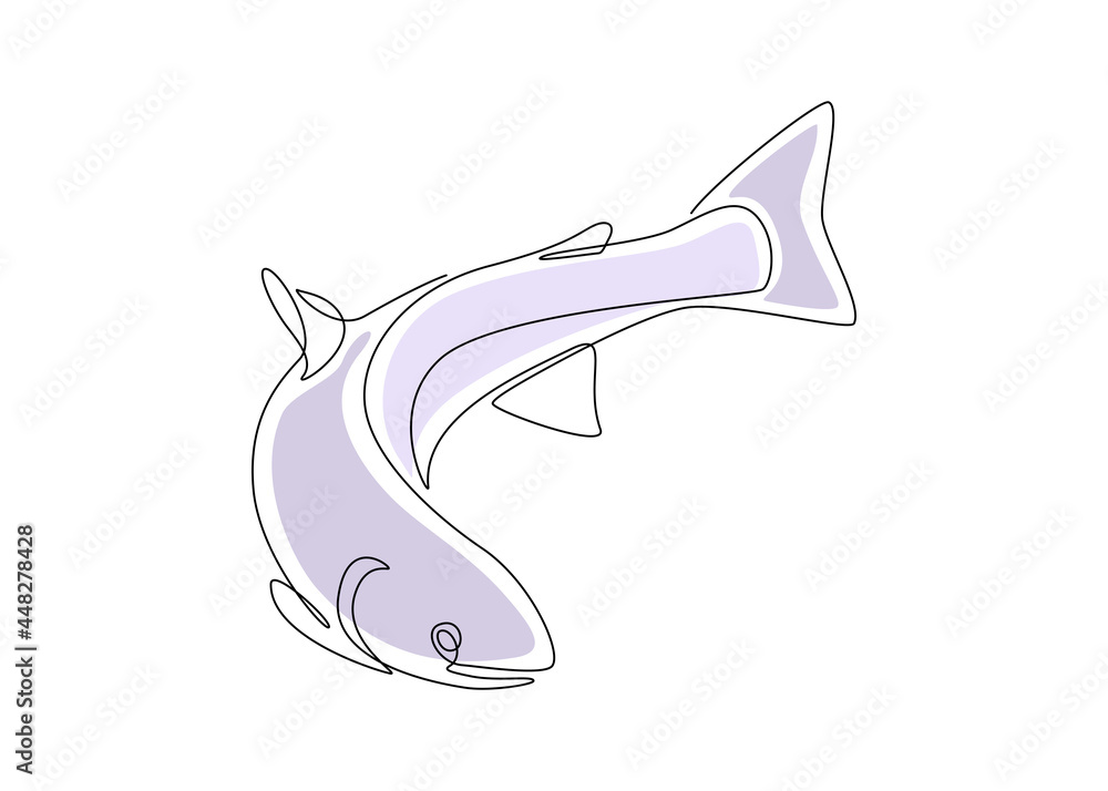 Poster salmon fish in one continuous line drawing. wild trout in linear sketch style with blue color shapes