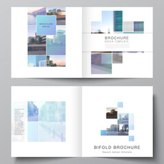 Vector layout of two covers templates for square bifold brochure, flyer, magazine, cover design, book design, brochure cover. Abstract design project in geometric style with blue squares.